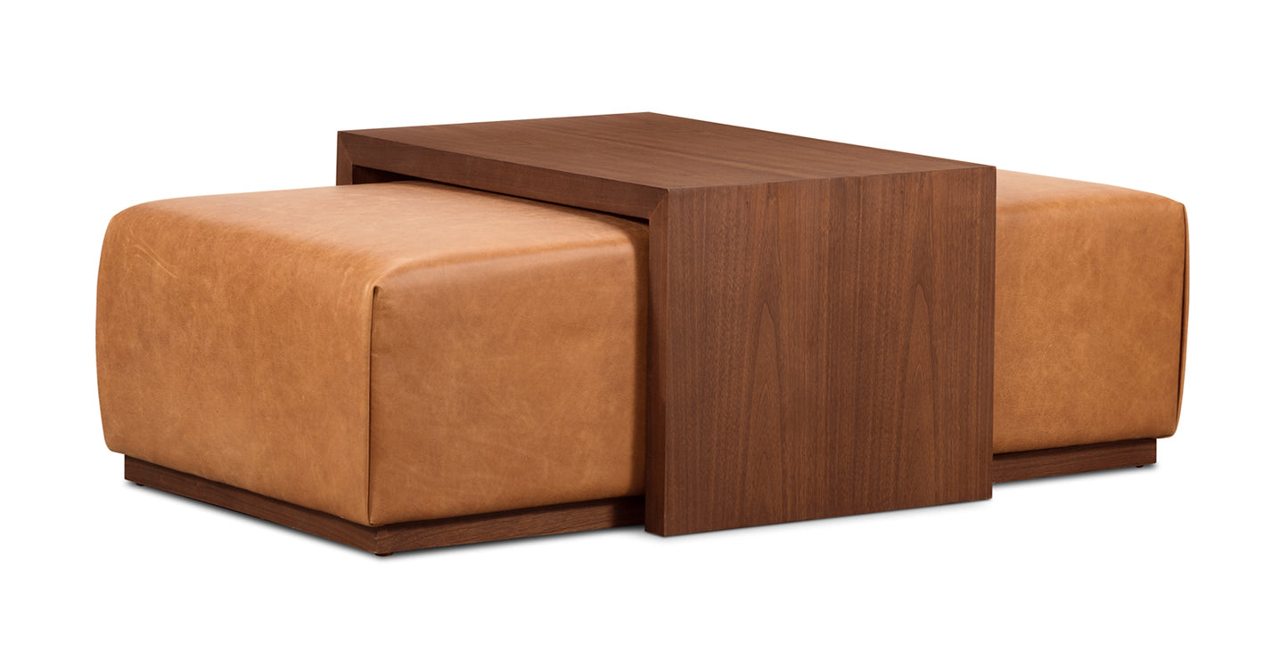 Pouf in pelle Jarmo con tavolo in noce