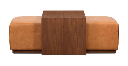 Pouf in pelle Jarmo con tavolo in noce