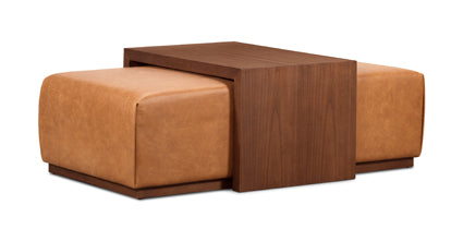 Pouf in pelle Jarmo con tavolo in noce